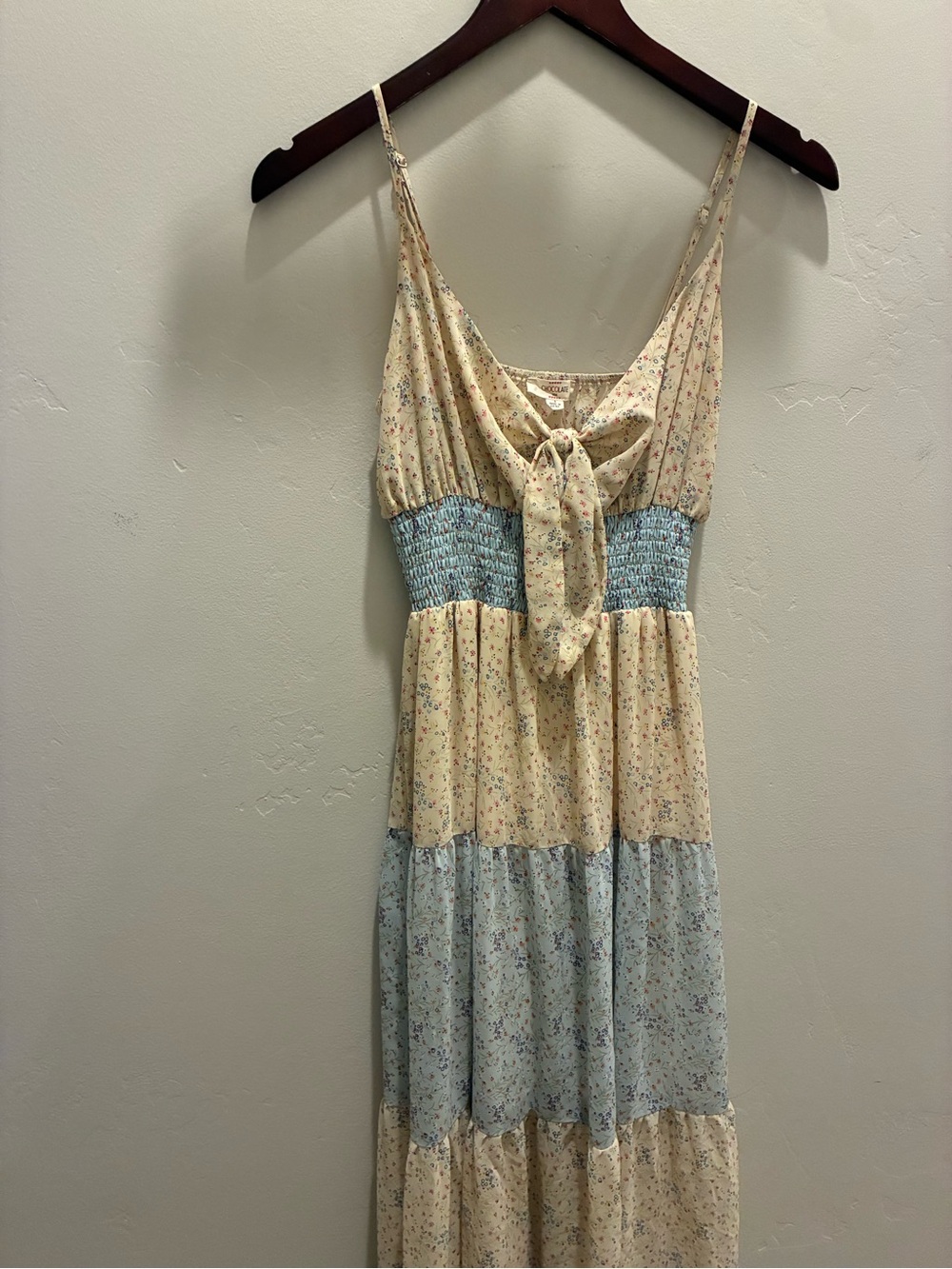 Chocolate Cream and Light Blue Tiered Tie-Front Maxi Dress